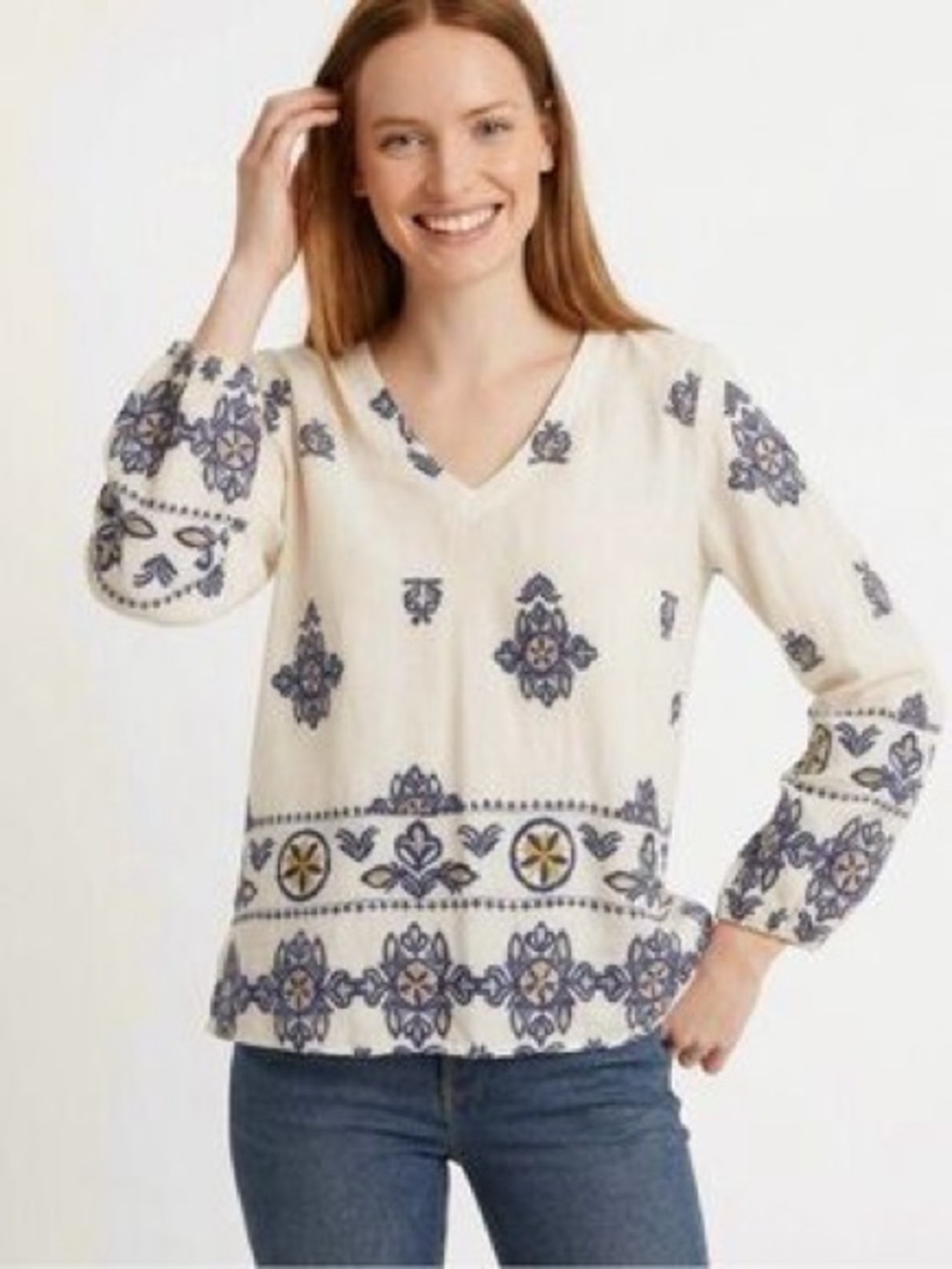 Francesca Bettini Womens Boho Floral Embroidered Linen Blouse S Cream V-neck